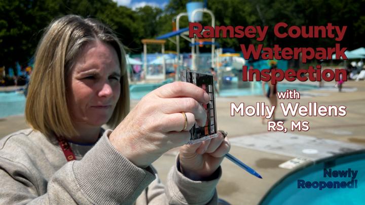 Health inspector testing pool water chemistry at a waterpark, title: Ramsey County Waterpark Inspection with Molly Wellens, RS, MS.